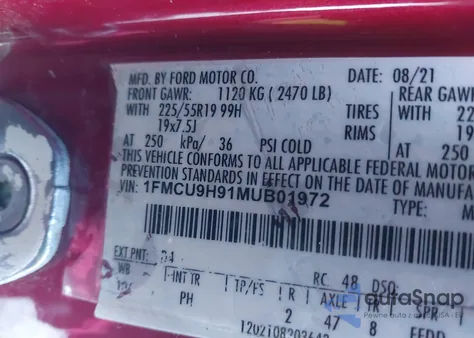 2021 Ford Escape Sel из США, поврежденный, VIN 1FMCU9H91MUB01972